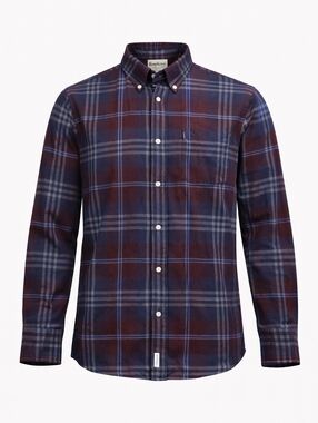 Barbour Men's Burgundy and Navy Plaid Button-Down Shirt Sz M